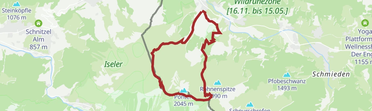 Route map: Bscheißer, Ponten, Zirleseck und das Pontental von Schattwald aus